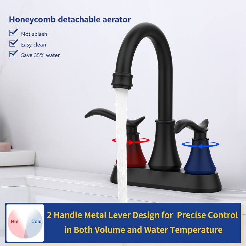 Bathroom Faucet with Pop-up Drain & Supply Hoses 2-Handle 360 Degree High Arc Swivel Spout Centerset 4 Inch Vanity Sink Faucet
