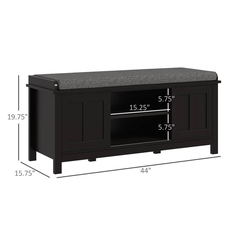 Shoe Bench Storage Ottoman with Sliding Doors, Adjustable Shelving, 6 Compartments, and Padded Seat - Black