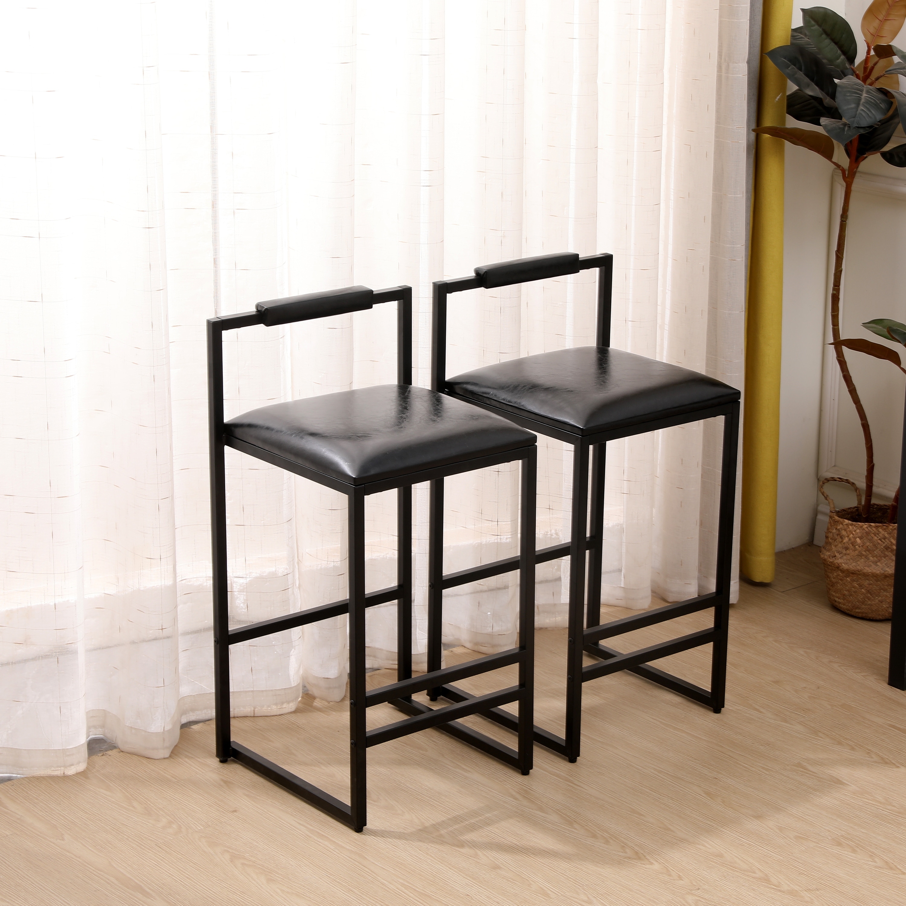 Ostweer Furniture PU Leather Upholstered Bar Stools Black Set of 2