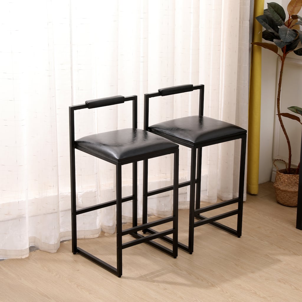 Set of 2 Black PU Leather Bar Stools with Backrest & Footrest, Counter Height Upholstered Bar Chairs