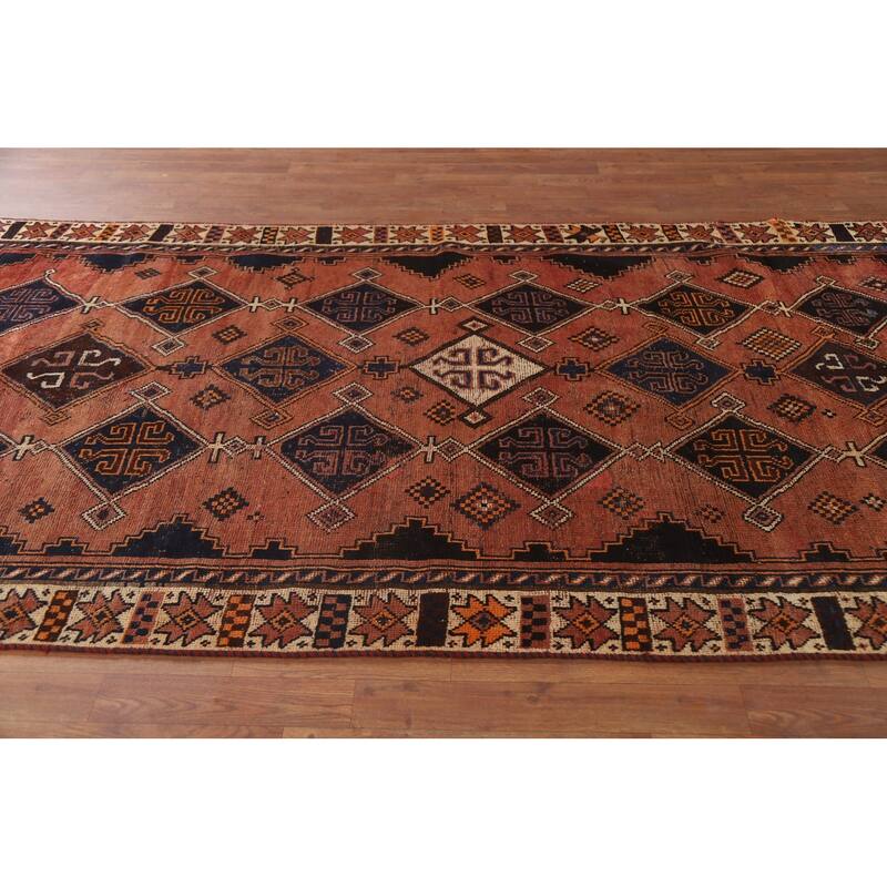 Hand Knotted Oriental 100% Wool Carpet Traditional Geometric Oranges & Rust Qashqai Area Rug - 9' 1'' X 4' 9''