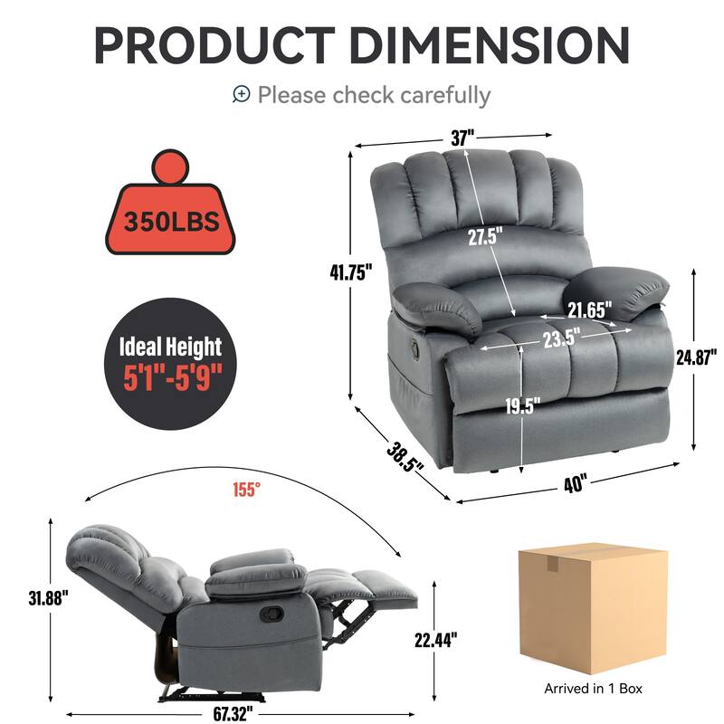 Brown Extra-Large Manual Recliner with 155° Recline and Cozy Fabric Upholstery