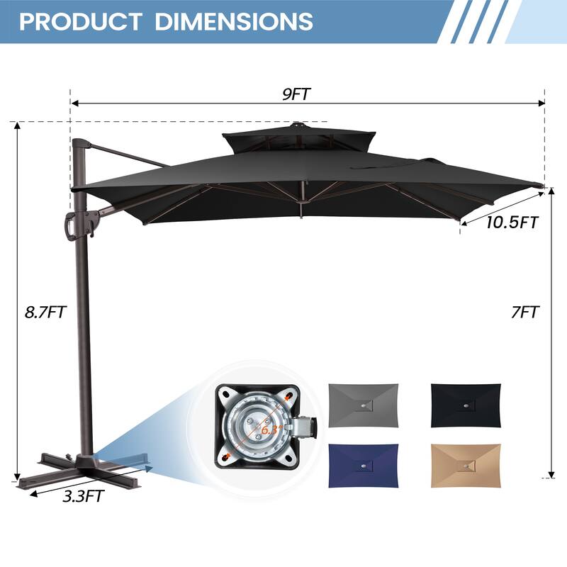 Double top 10.5 ft. x 9 ft. Heavy-Duty 360-Degree Rotation Cantilever Patio Umbrella