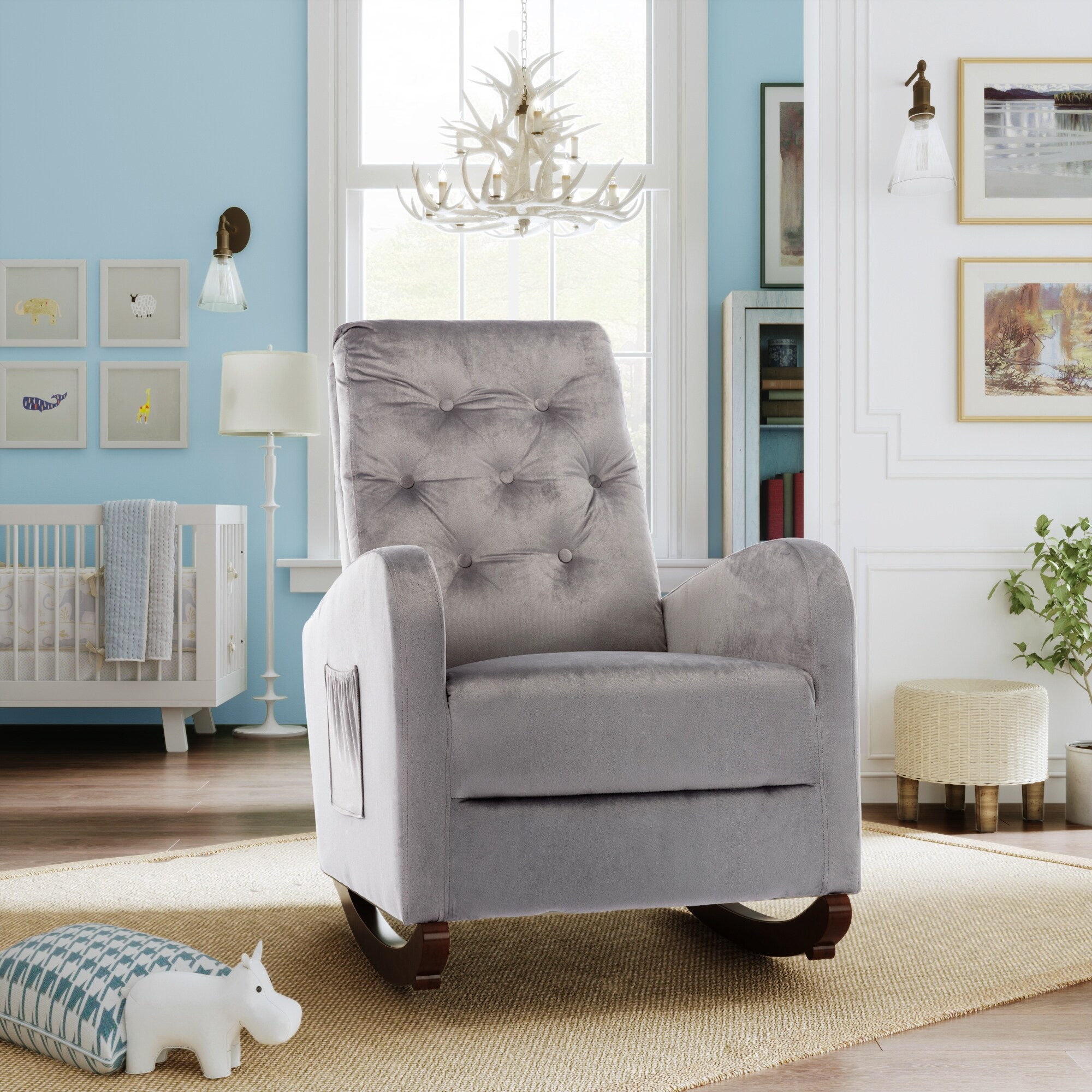 Baby Room High Back Rocking Chair with Pine Wood Frame Velvet