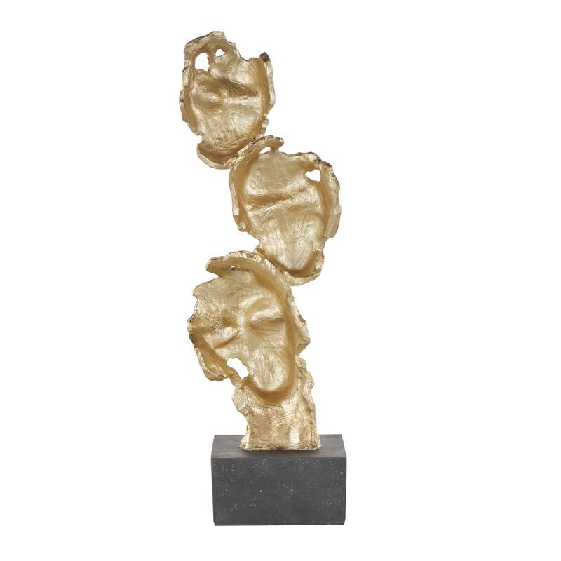 Gold Polystone Stacked Face Cutout Mask Sculpture with Black Block Base