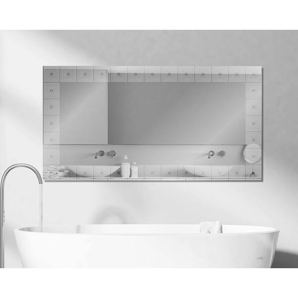 slide 1 of 4, Contemporary Rectanglar Bathroom Wall Mirror Square Cubed Etched Framed Decorative Floating Frameless Mirror - 52" x 28" 52" x 28"