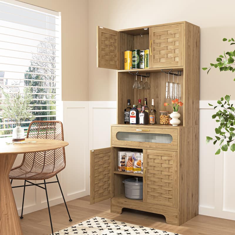 Kitchen Pantry Cabinet Brown Buffet Sideboards Wine Glass Storage Rack