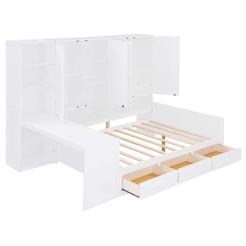 Full Size Wooden Daybed With Three Drawers,and All-in-One Cabinet,Desk and Shelves