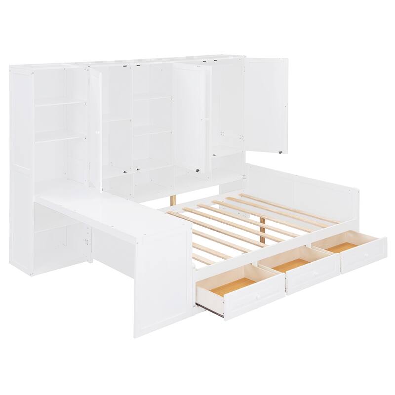 Wooden Daybed Frame All-in-One Bookcase Captains Bed with Storage Cabinet, Wardrobe, Side Writing Desk and 3 Bottom Drawers