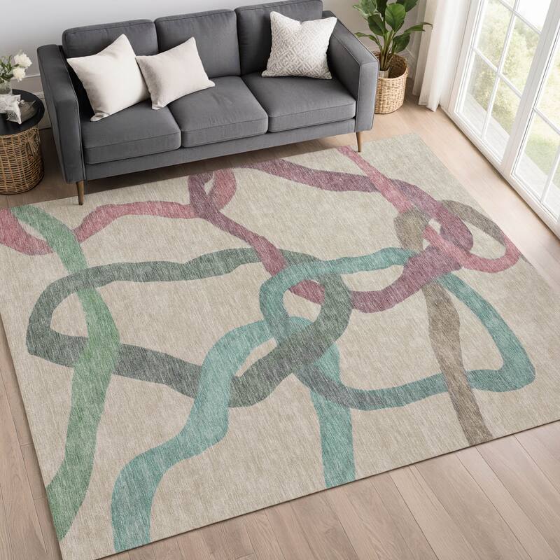 Machine Washable Indoor/ Outdoor Abstract Links Chantille Rug
