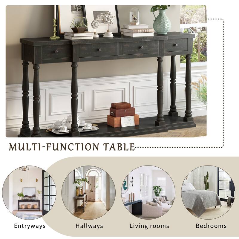 Retro Console Table with 4 Front Facing Storage Drawers and 1 Shelf