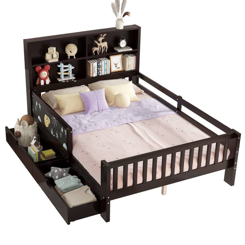 Full Platform Bed with Chalkboard, Solid Wood Platform Bed with Storage Drawers and Shelves, Space-saving Design