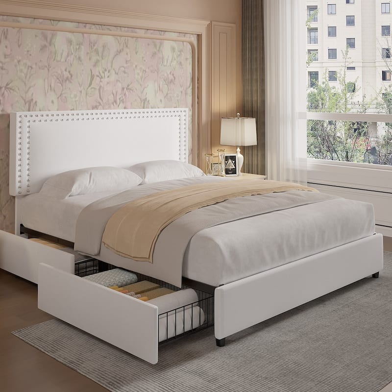 VECELO Upholstered Storage Bed Frames with 4 Storage Drawers Platform Bed Frame with Adjustable Velvet Rivets Headboard - White - Full