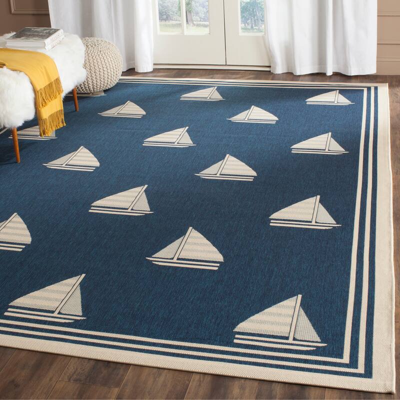 SAFAVIEH Courtyard Liljanka Indoor/ Outdoor Waterproof Patio Backyard Rug - 6'7" x 9'6" - Navy/Beige