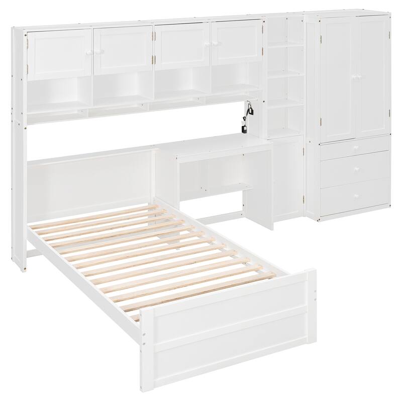 Twin Size Murphy Bed Cabinet Foldable Wall Bed Frame with Storage Wardrobes, Desk & Shelves, Wooden Hidden Platform Bed Chest