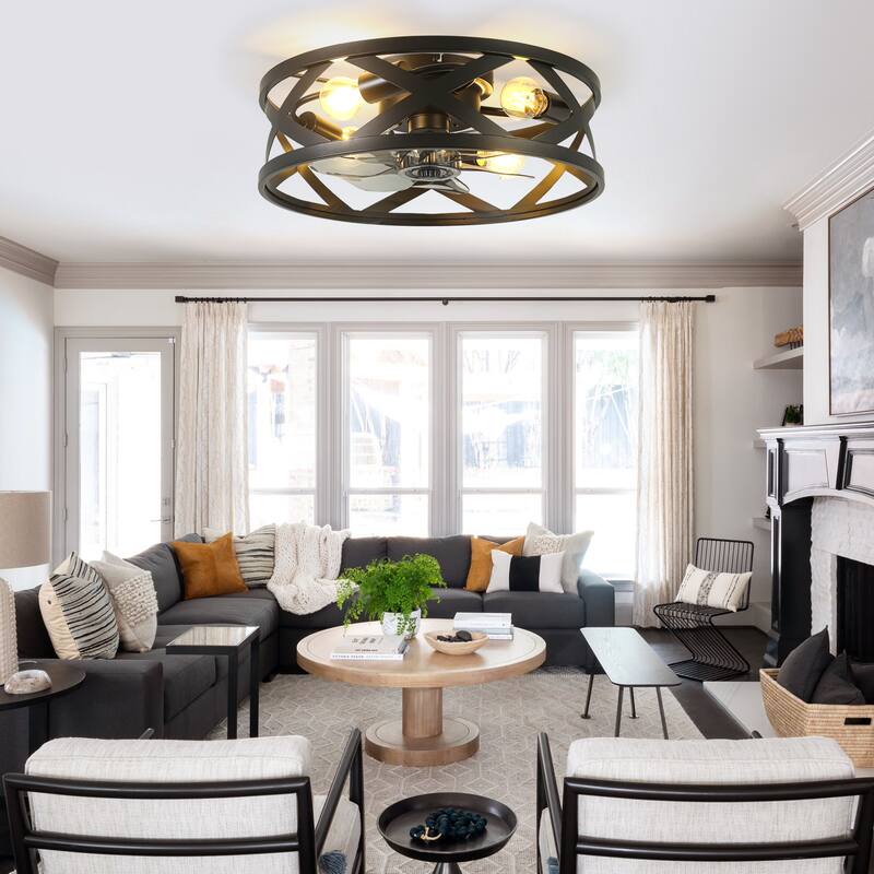 Bella Depot 20" Black Cage Flsuh Mount Ceiling Fan with Light and Remote