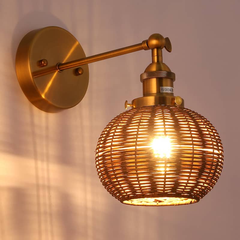 Brass Globe Rattan 1-Light Wall Sconce Wall Light