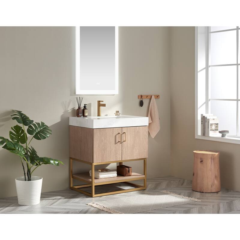 Alistair Single Bath Vanity with White Grain Stone Top & Mirror