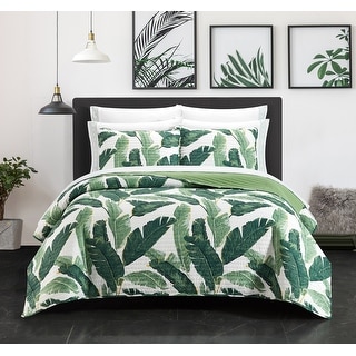 Leaf Quilted Bedspread & Pillow Shams Set Swirls Palm Banana Trees Print 