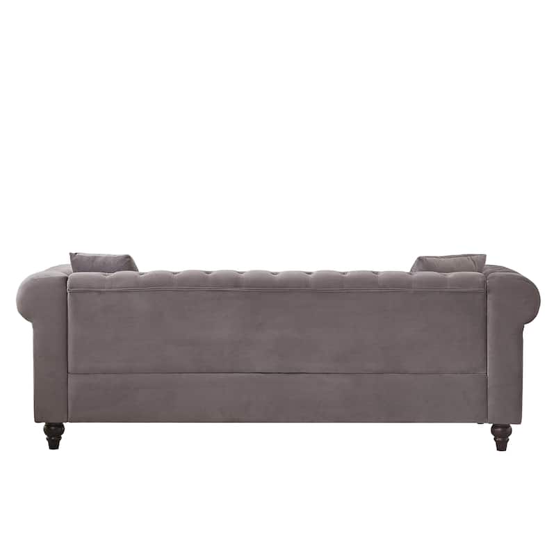85.5"Living Room With Velvet Chesterfield Sofa With Rolled Arms 3 Seater Sofa With Button Design And 2 Cushions