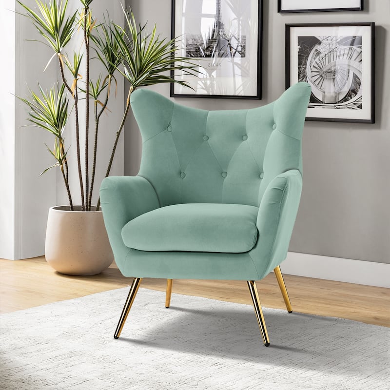 Eusebio Tufted Velvet Accent Chair with Wingback, Arms, and Metal Gold Legs for Living Room or Bedroom by HULALA HOME