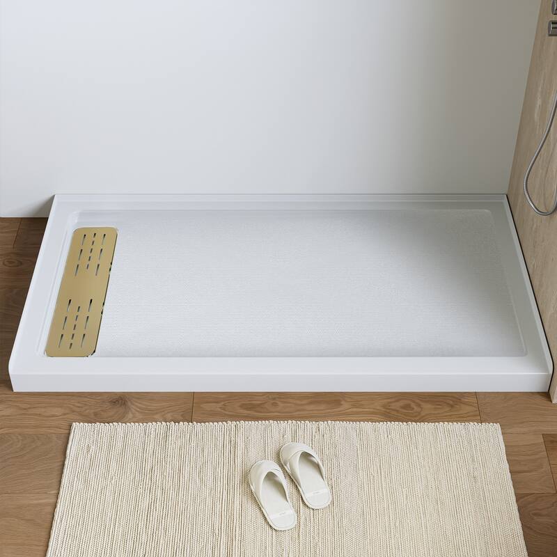 HOROW 60 x 32 Inch Alcove Shower Pan Base in White with Left Drain - Left Drain Location - Gold