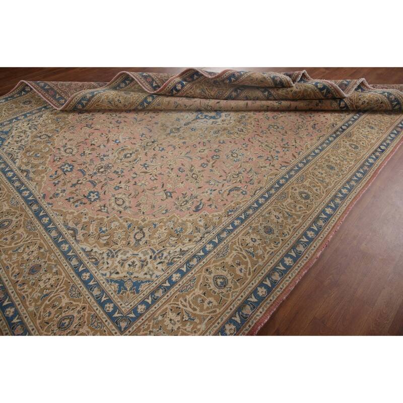 Vegetable Dye Distressed Mashad Persian Rug Antique Handmade Wool Carpet - 7'10" x 10'9"