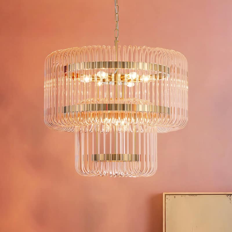 9-Light Modern Glam Drum Crystal Chandelier for Dining Room/Living Room 2-Tiered Round Chandelier Kitchen Island Pendant Light