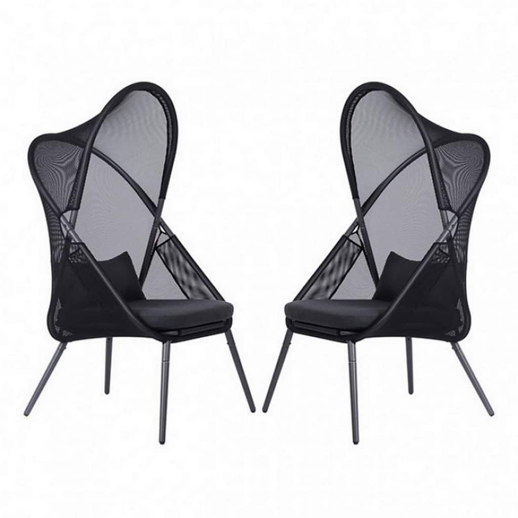 34 Inch Outdoor Foldable Chair, Set of 2, Black Fabric Seat, Steel Frame