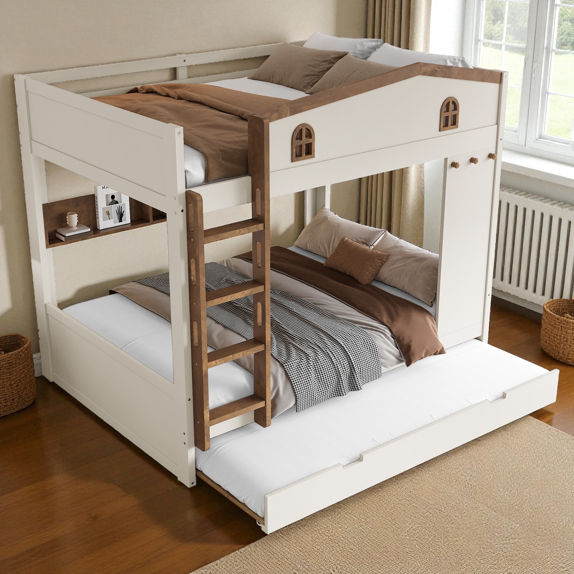 Queen over Queen Bunk Bed with Trundle, Storage Shelves, Hooks and Wood Slats, 82.6"L x 63.3"W x 66.5"H