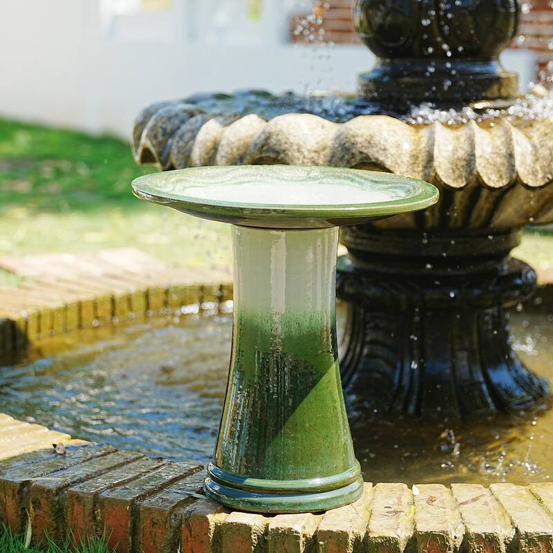 17"Ceramic Bird Bath for Outside, Elegant Tall Outdoor Bird Bath, Lightweight Pedestal Glazed Birdbaths with Swirl Pattern