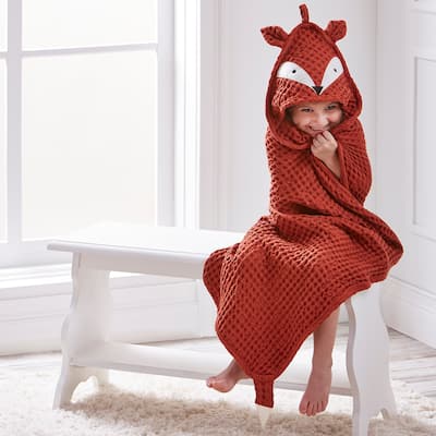 Fox Waffle Weave Hooded Towel for Babies, Multicolor Cotton Kitchen Towel, Everyday Use, Machine Washable, 31.5" x 31.5"
