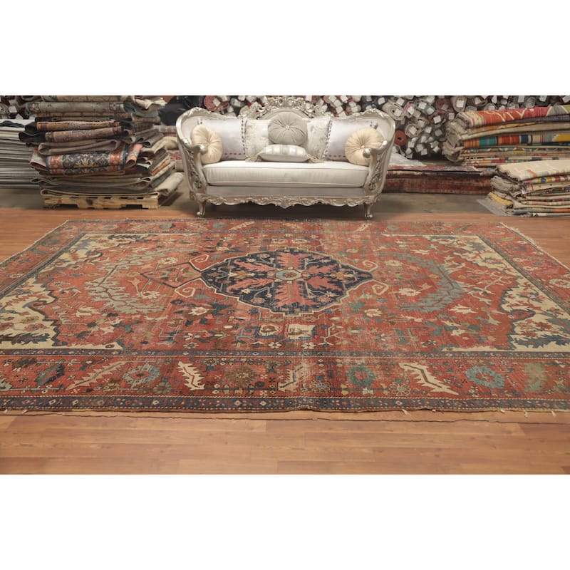 Hand Knotted Oriental 100% Wool Carpet Traditional Floral Oranges & Rust Heriz (serapi) Area Rug - 13' 7'' X 10' 8''