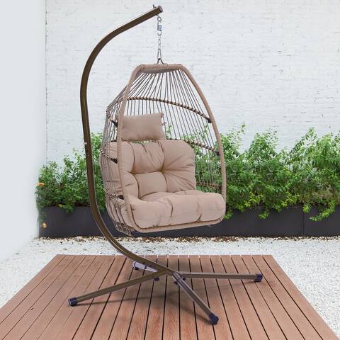 Outdoor Patio Wicker Folding Hanging Chair with Cushion and Pillow