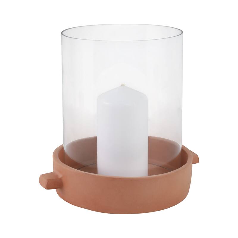 Modern Glass Hurricane Candle Holder with Terracotta Base - 10"