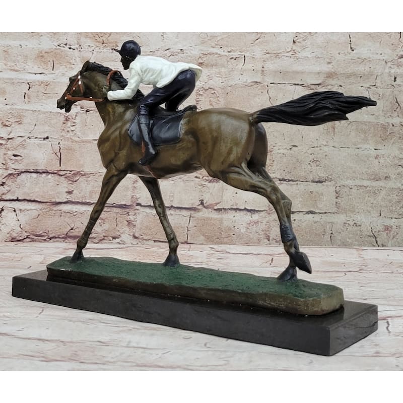 Jockey Riding Horse Bronze Statue Figure Figurin Hot Cast Marble Base Sculpture