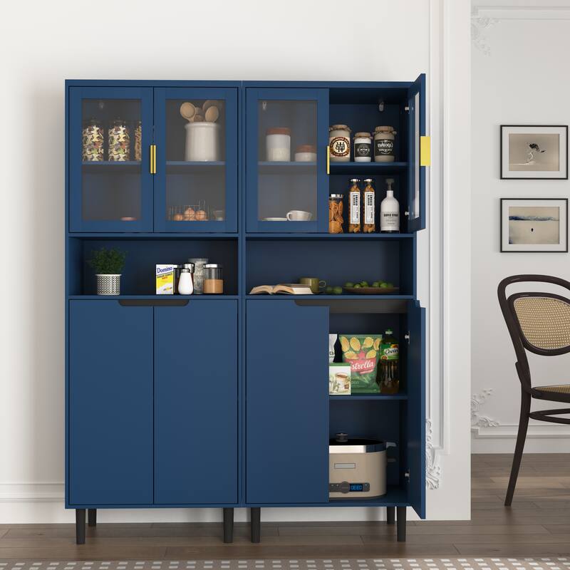 Tall Storage Show Cabinet with 2 Glass Display Door & 2 Doors, Tall Kitchen Pantry Cabinet with Gold Handles
