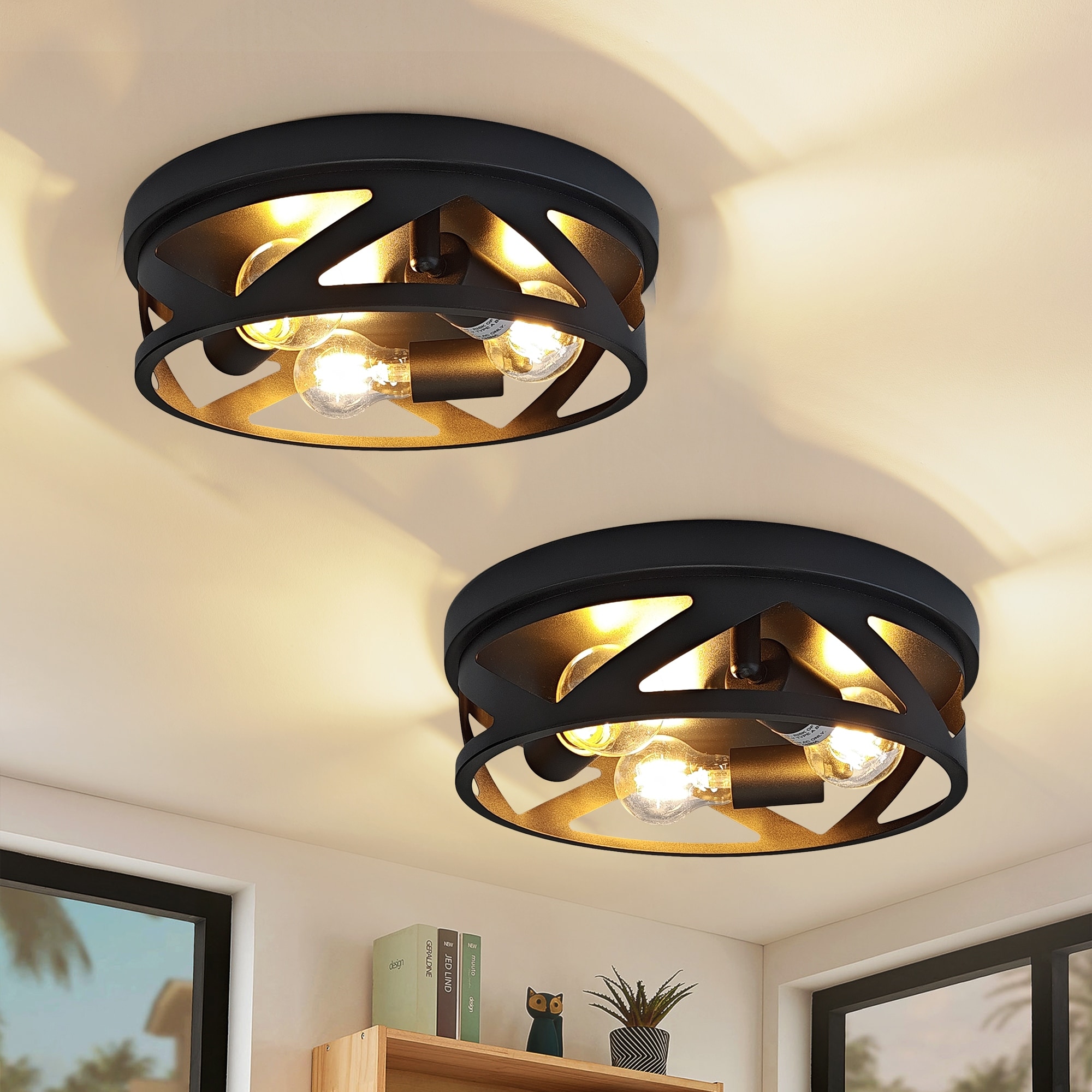 3-Light Industrial Flush Mount Ceiling Light, Black Metal Cage, E26 Base, Modern Farmhouse Lighting for Hallway, Bedroom