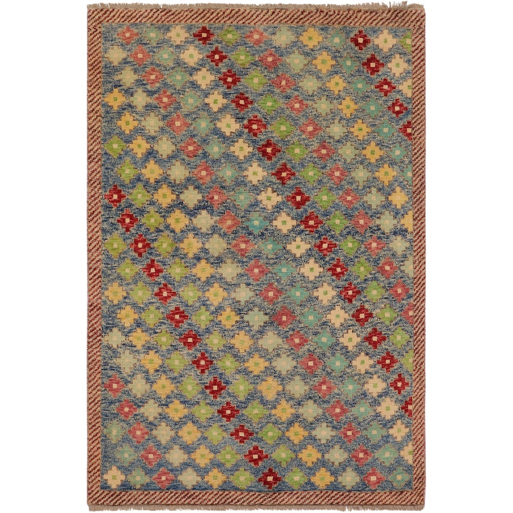 Contemporary Balochi Spears Blue/Red Hand Knotted Wool Rug - 4'1'' x 6'0''