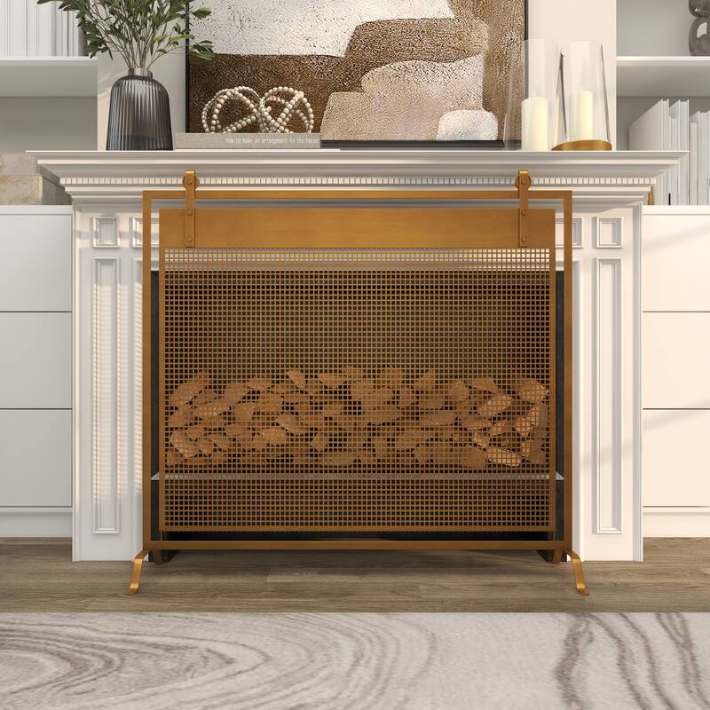 Copper Metal Suspended Grid Style Netting Single Panel Fireplace Screen with Bolted Detailing