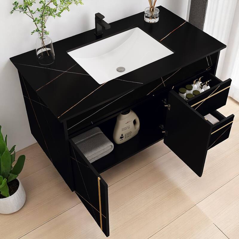 35.4" Wall-Mounted Bathroom Vanity with Faux Marble Top, Undermount Ceramic Sink, Floating Cabinet (Faucet Not Included)