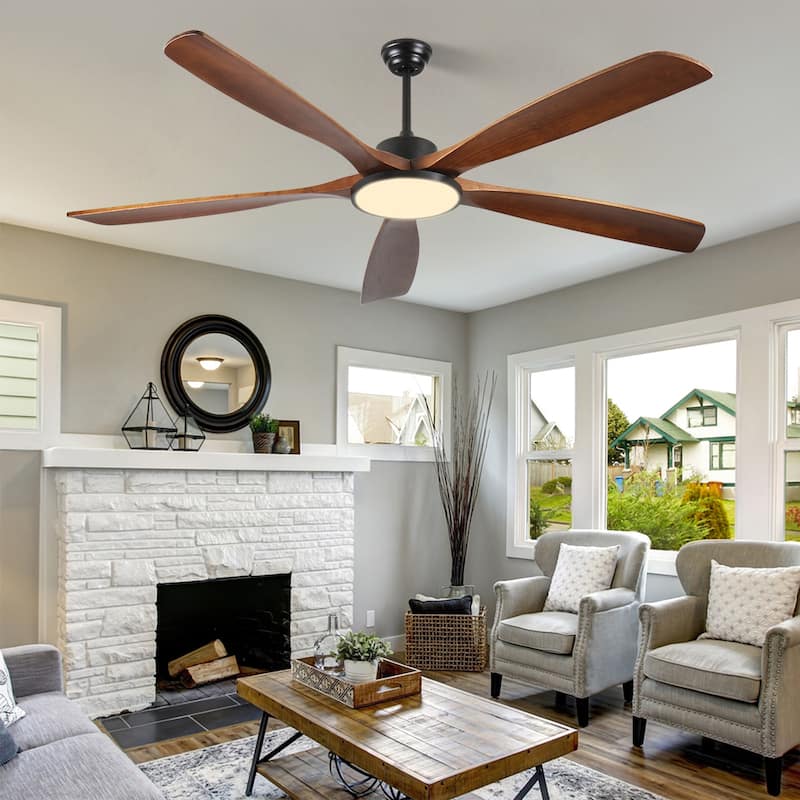 72-inch Large Outdoor Ceiling Fan with Remote Control and Light with Three-Color Dimming, 5 Reversible Wooden Blades - Black + Dark Walnut