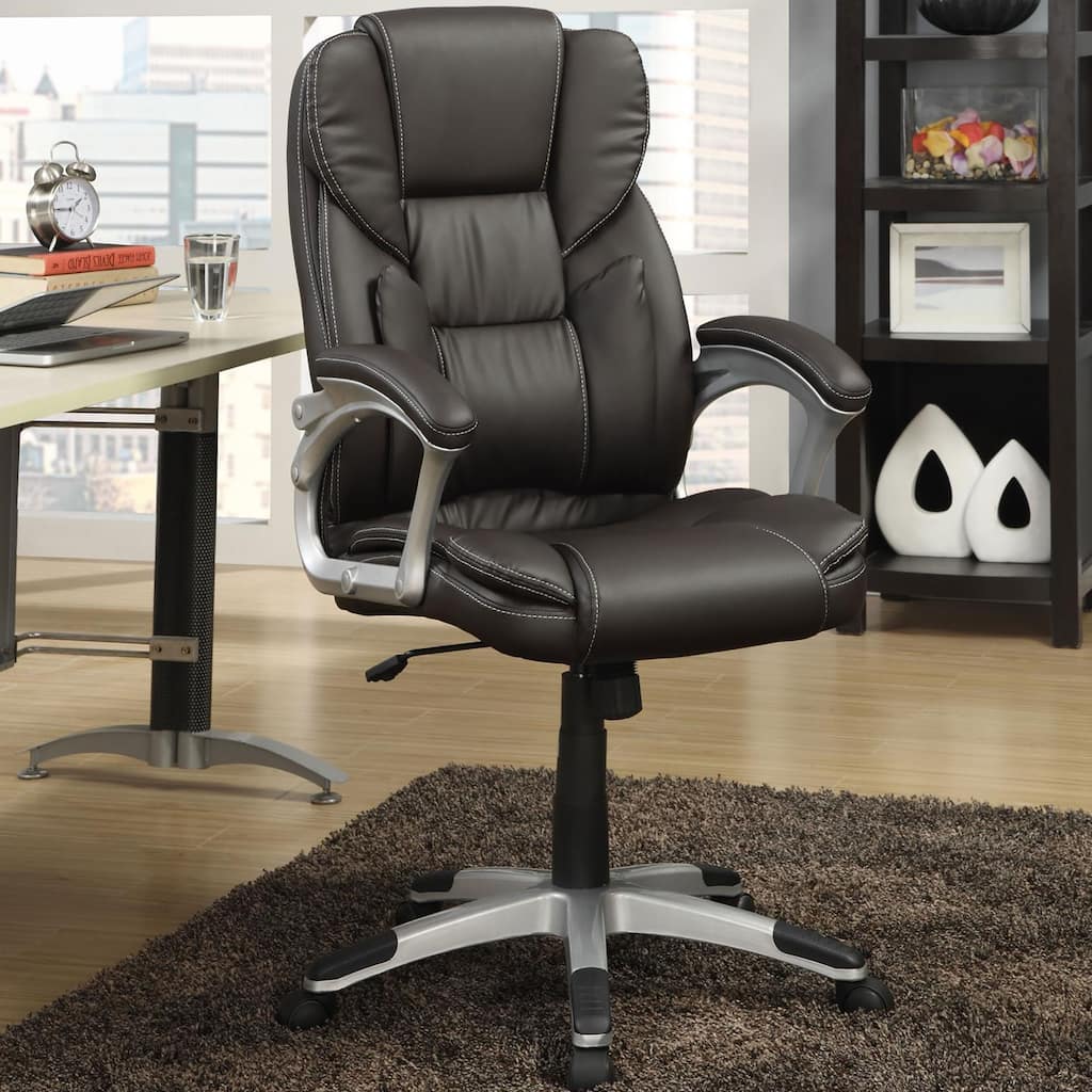Ergonomic Dark Brown Swivel Office Chair with Silver Accents and Caster Wheels