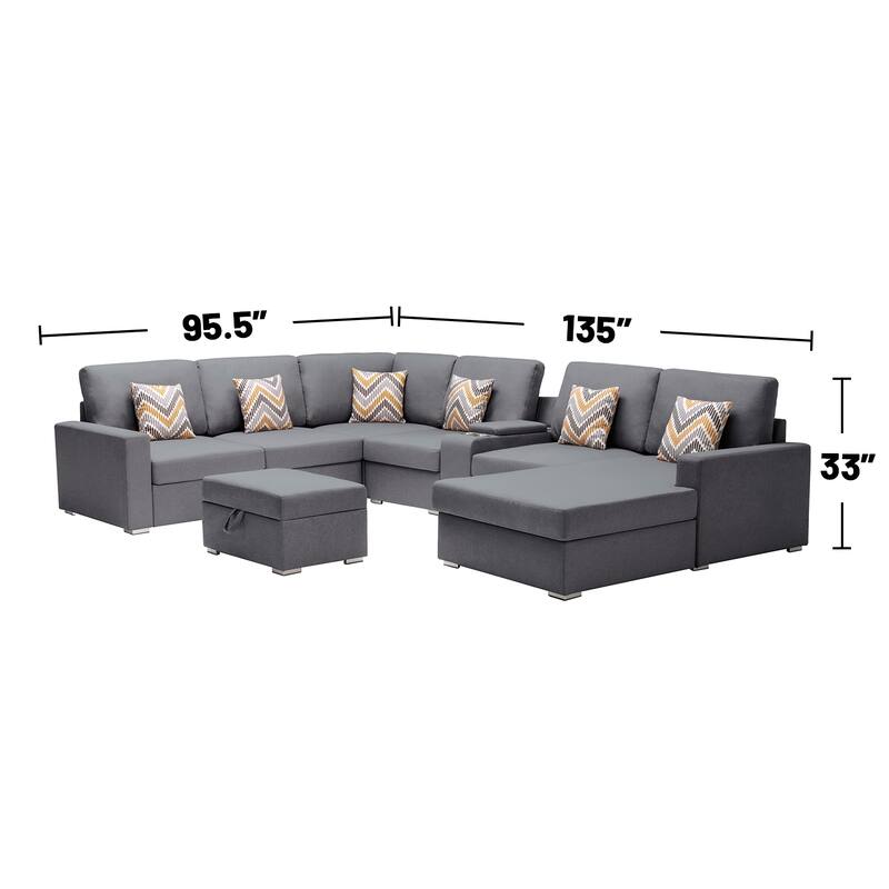 Linen Fabric 8 Piece Reversible Chaise Sectional Sofa with Storage Ottoman, and Storage Console Table