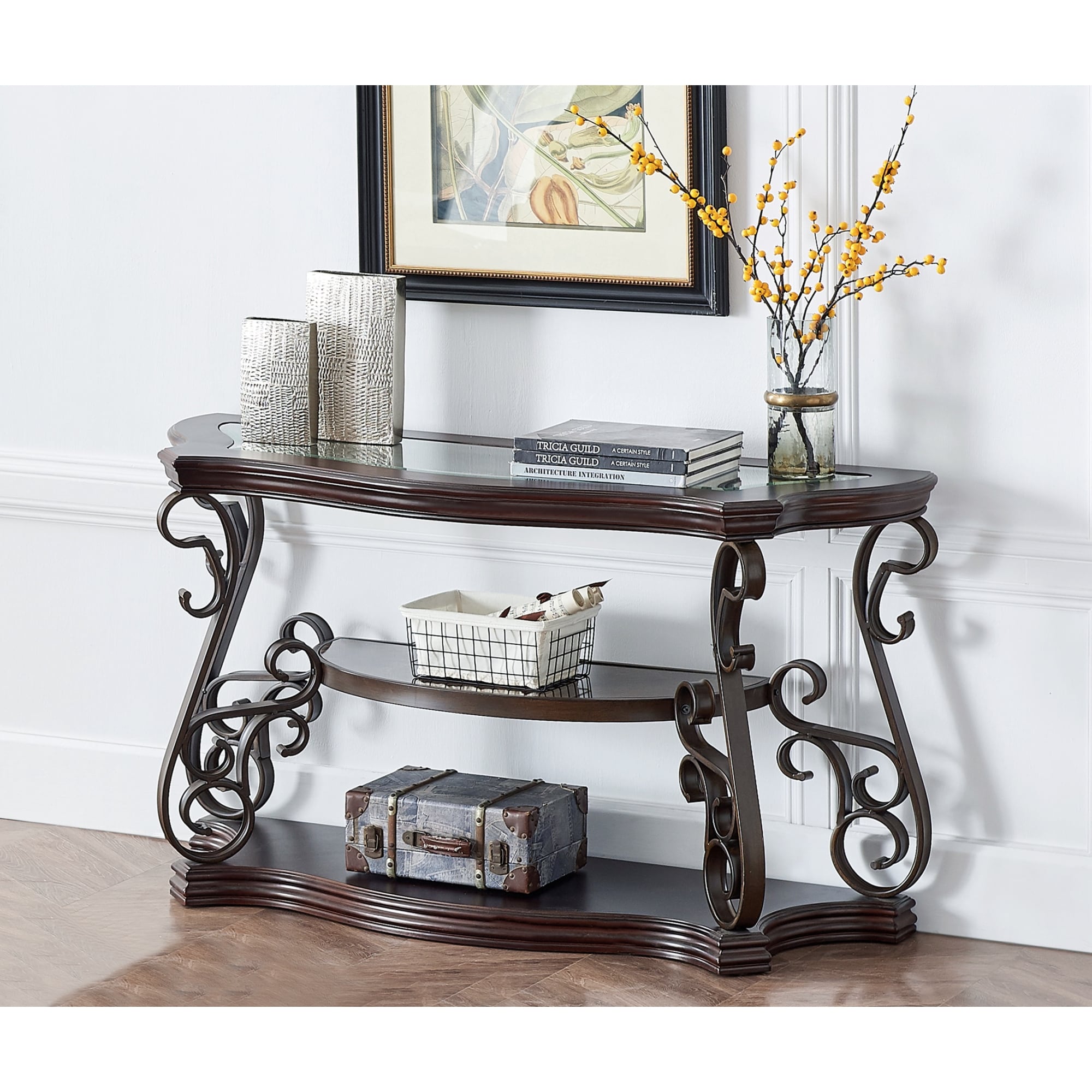 Roomfitters Modern Sofa Table with Glass Top, Faux Marble MDF Shelf and Metal Legs, Entryway or Living Room Console Table, White
