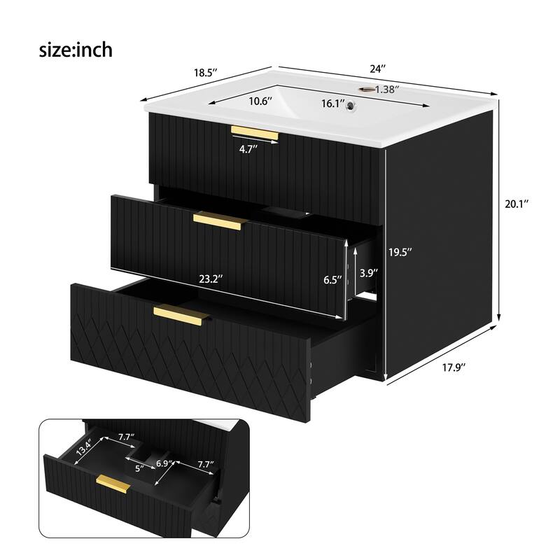 24" Wall Mounted Floating Bathroom Vanity with Side Cabinet, Modern Rectangular Sink with Overflow and Single Faucet Hole