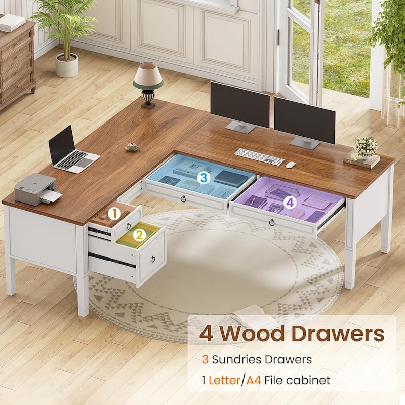 Farmhouse Executive L Shaped Desk Home Office Desk with Drawers and Storage Cabinet & Power Outlet