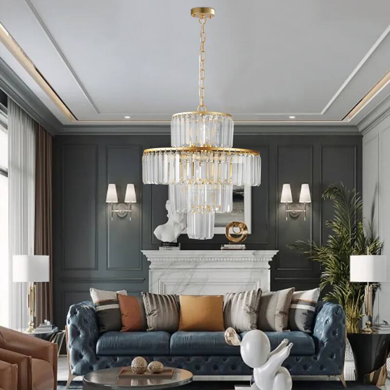 20" Luxury 4-Tier Crystal Chandelier, 12-Light Gold Frame Pendant Light, Elegant Ceiling Lighting for Living Room