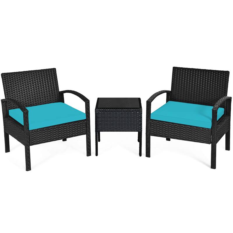 3PCS Patio Rattan Furniture Set with Cushioned Sofa and Coffee Table - Turquoise