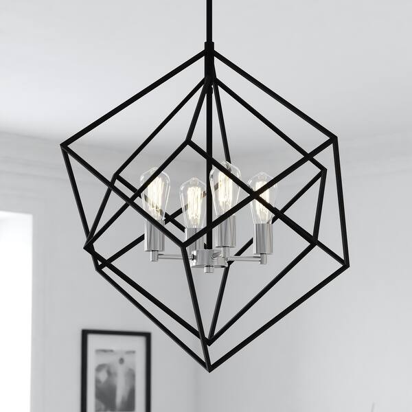slide 2 of 10, Rad 4 Light Mid-Century Modern Geometric Cage Bulb Pendant Black and Satin Nickel - 23.5-in. W x 30-in. H x 23.5-in. D